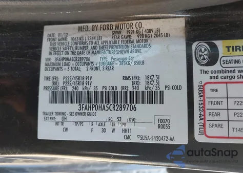 2012 Ford Fusion Se z USA, uszkodzony, nr VIN 3FAHP0HA5CR289706